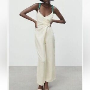 NWT Zara Linen Blend Jumpsuit with Chain Straps M Oyster White